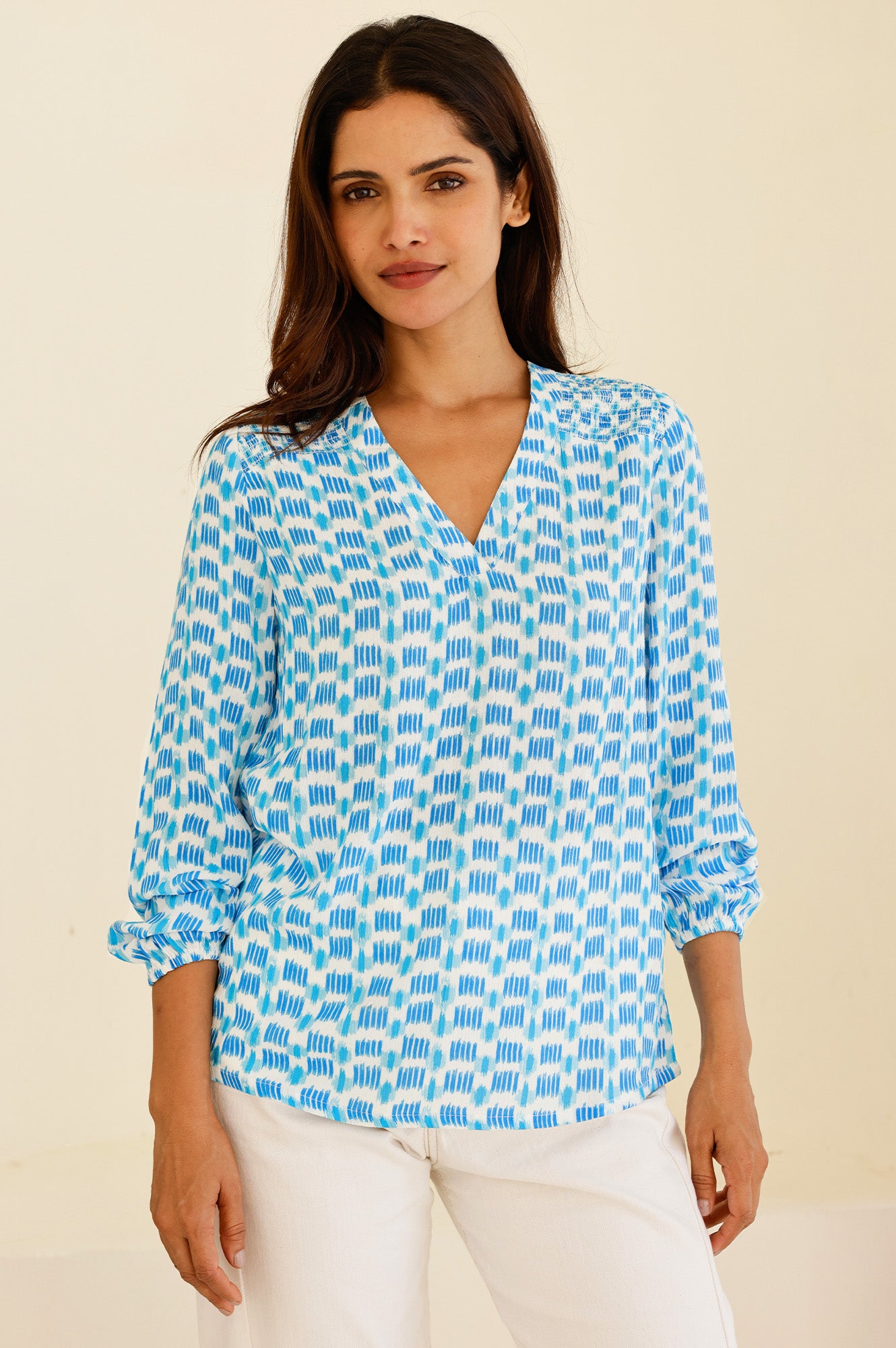 Clea Viscose Crinkle Blouse | Ikat White/Turquoise