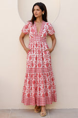 Pippa Organic Cotton Short Sleeve Block Print Dress | Red - Aspiga