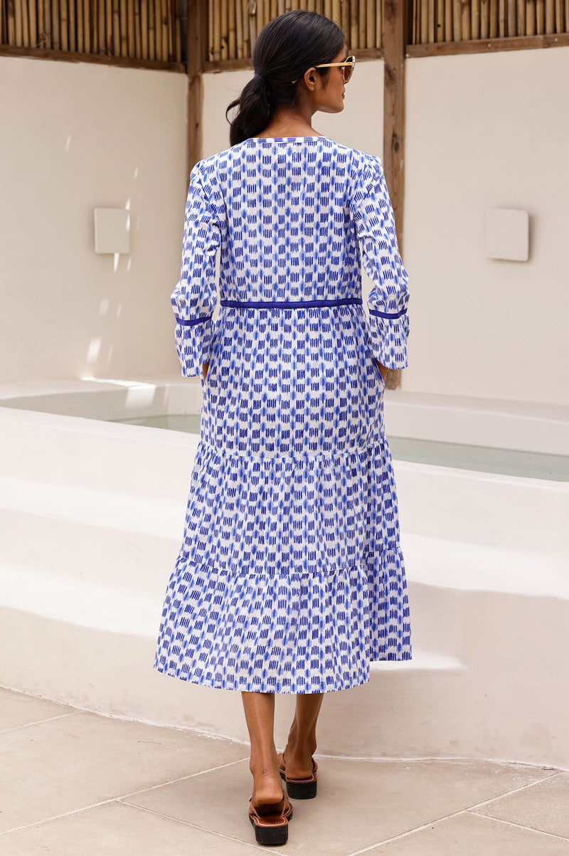 Hayden Organic Cotton Dress | Ikat White/Blue