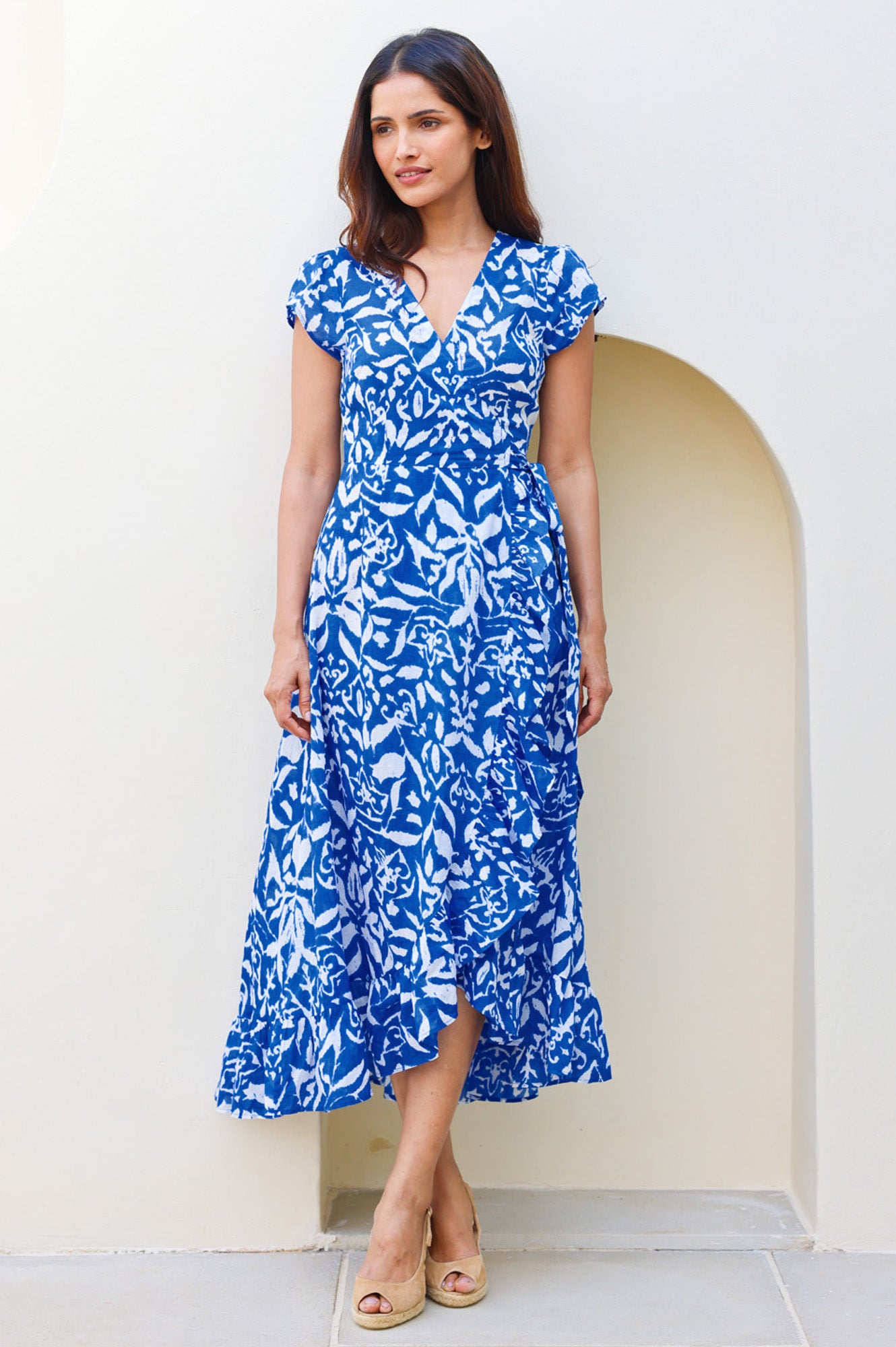 Demi Organic Cotton Wrap Dress | Cobalt/White