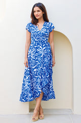 Demi Organic Cotton Wrap Dress | Cobalt/White