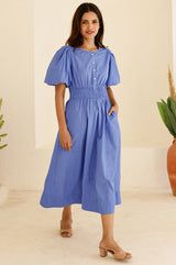 Chambray Puff Sleeve Shirt Dress | Blue