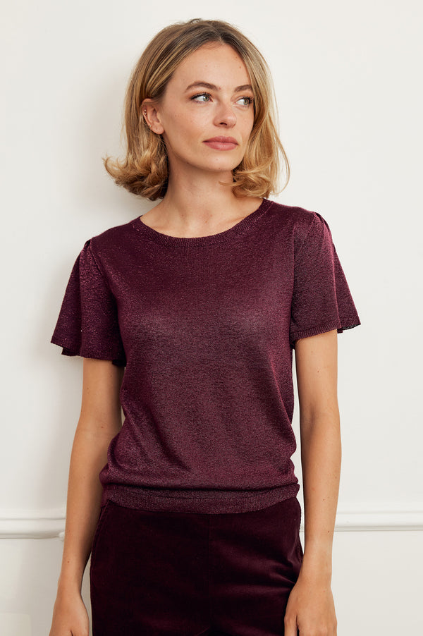 Metallic Knit Angel Sleeve T-Shirt | Burgundy