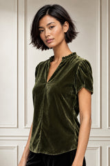 Tulip Sleeve Velvet Blouse | Dark Olive