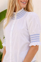 Embroidered Smocked Short Sleeve Blouse | White/Cornflower