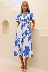 Elsa Printed Cotton Dress | Ivory/Cobalt