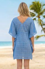 Pom Pom Check Pareo Manilla Kafan | Blue