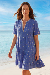 India Embroidered Organic Cotton Dress | Cobalt/White