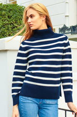 Cashmere Blend Striped Roll Neck Jumper | Navy/Ivory