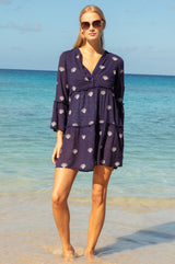 APPROVED Cristina Embroidered Organic Cotton Kaftan | Navy/White - Aspiga