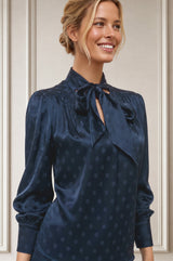 Tie Neck Satin Spot Jacquard Blouse | Navy