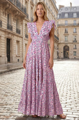 V Neck Rose Maxi Dress | White/Green/Pink
