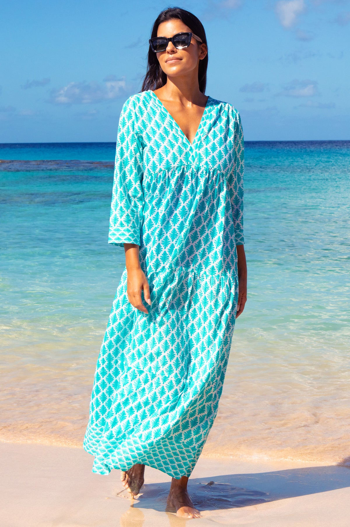 Aspiga Ladies Sustainable Mykonos Maxi Dress Organic Cotton Summer Holiday Beach Cover Up Turquoise White | S/10