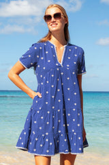 APPROVED * India Embroidered Organic Cotton Dress | Cobalt/White - Aspiga