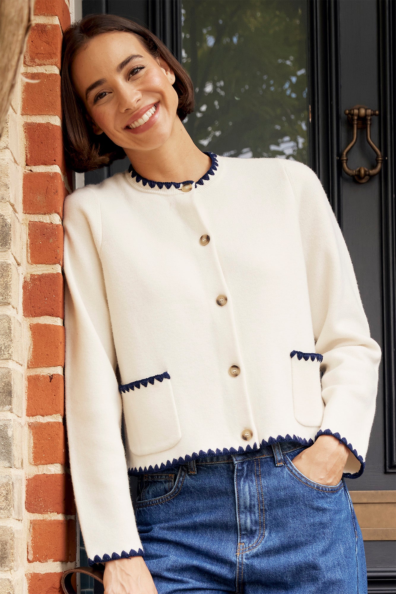 Merino Wool Blanket Stitch Cardigan | Cream/Navy