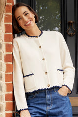 Merino Wool Blanket Stitch Cardigan | Cream/Navy