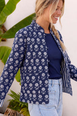 Cotton Printed Quilted Reversible Jacket | Navy/White
