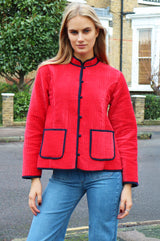 Velvet Quilted Jacket | Red/Navy