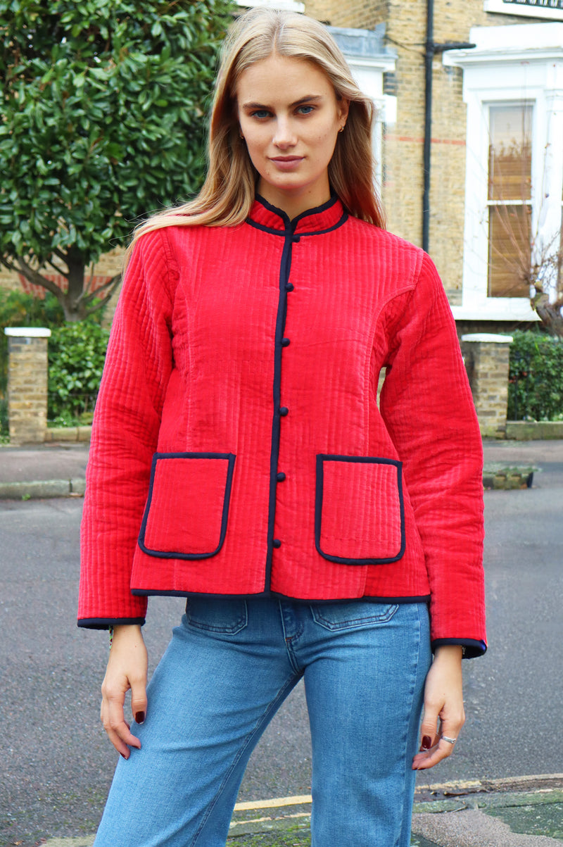 Velvet Quilted Jacket | Red/Navy