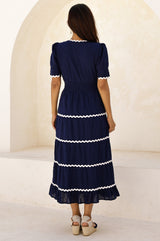 Viola Short Sleeve Organic Cotton Ric Rac Dress | Navy/Ivory
