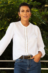 Cotton Dobby Lace Insert Blouse | White