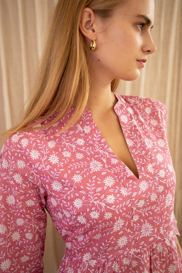 Mara Organic Cotton Dress | Primula Print Pink/White
