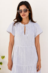 APPROVED * Lois Stripe Organic Cotton Cheesecloth Dress | White/Blue - Aspiga