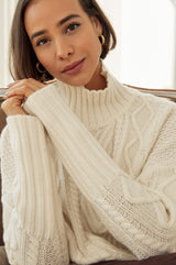Merino Wool Cable Knit Funnel Neck Jumper | Cream