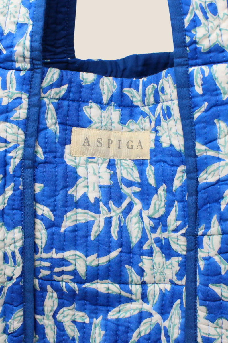 Block Print Quilted Tote Bag | Japanese Flower Cobalt