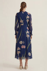 RHS Printed V Neck Chiffon Dress | Navy