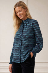 Printed Frill Collar Blouse | Navy/Ice Blue