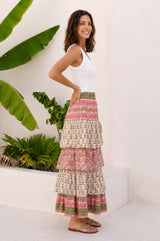 Tiered Block Print Midi Skirt | White/Green/Pink