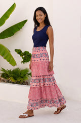 Tiered Block Print Midi Skirt | Pink/Navy