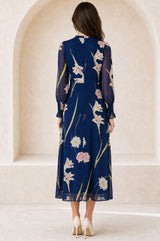 RHS Printed V Neck Chiffon Dress | Navy