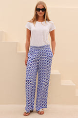 APPROVED * Orion Viscose Crinkle Trouser | White/Blue - Aspiga
