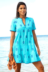 India Embroidered Organic Cotton Dress | Turquoise/Cobalt