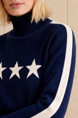 Merino Wool Star Polo Neck Jumper | Navy/Off white