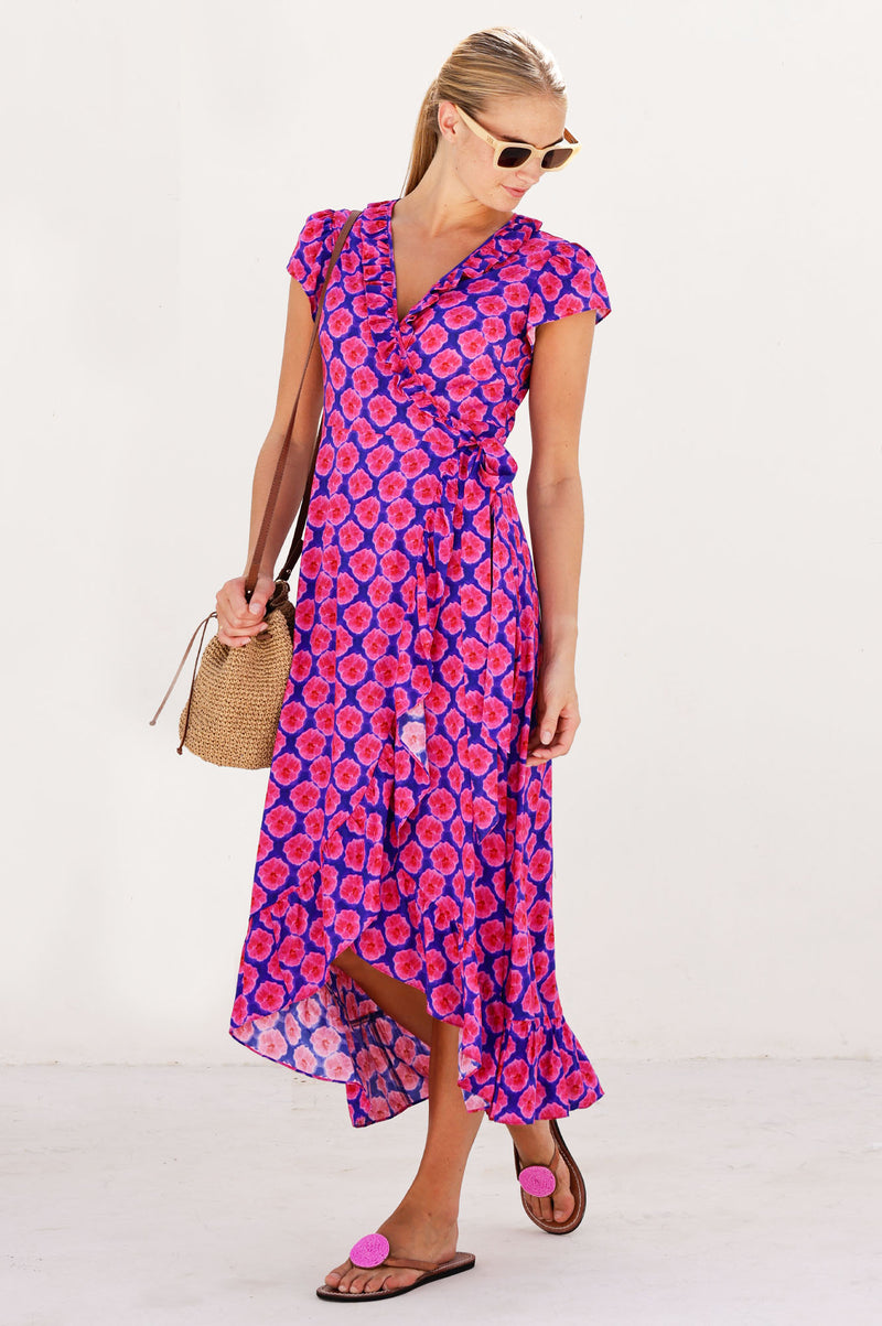 blue and pink wrap dress Amalfi Blue and Pink Wrap dress (Short) main image 0
