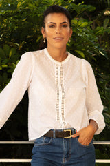Cotton Dobby Lace Insert Blouse | White