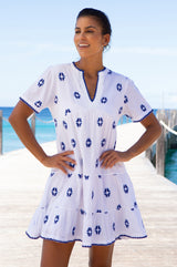 India Embroidered Organic Cotton Dress | White/Blue