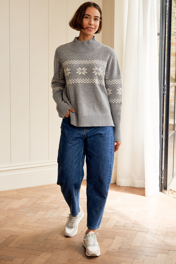 Cashmere Blend Fairisle Funnel Neck Jumper  | Grey/Cream