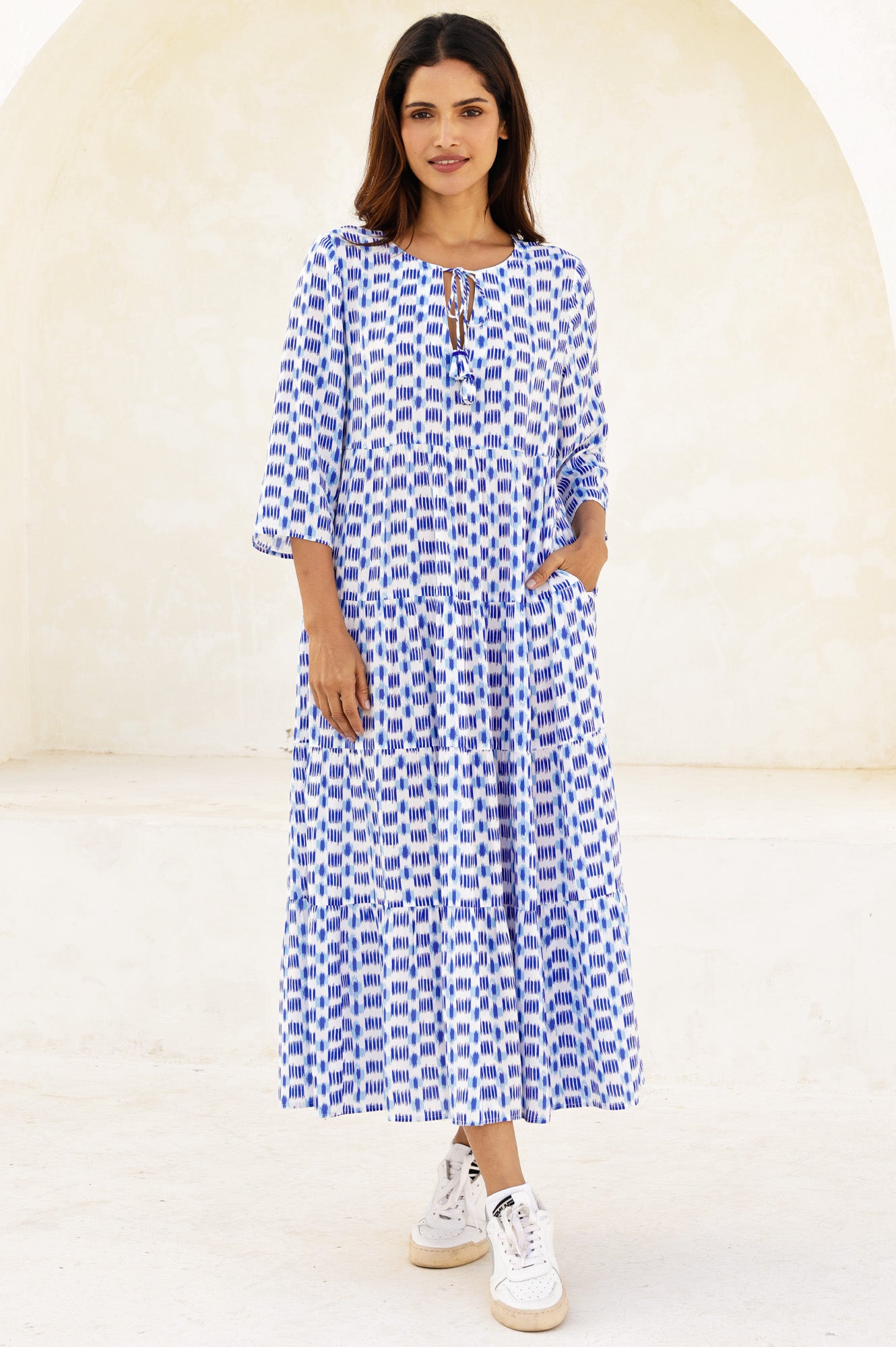 Emma EcoVero™ Midi Dress | Ikat Blue/White - Aspiga