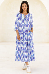 Emma EcoVero™ Midi Dress | Ikat Blue/White - Aspiga
