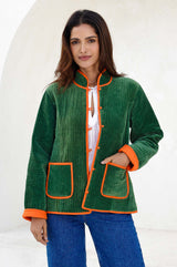 Velvet Quilted Jacket | Green/Orange