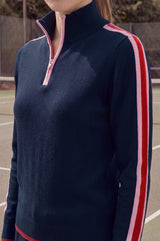 Merino Wool Overarm Stripe Quarter Zip Jumper | Navy/Pink/Red