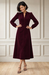 Stretch Corduroy Zip Front Dress | Burgundy