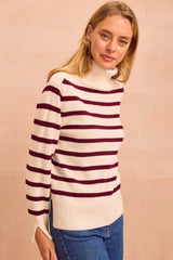 Cashmere Blend Striped Roll Neck Jumper | Cream/Fig