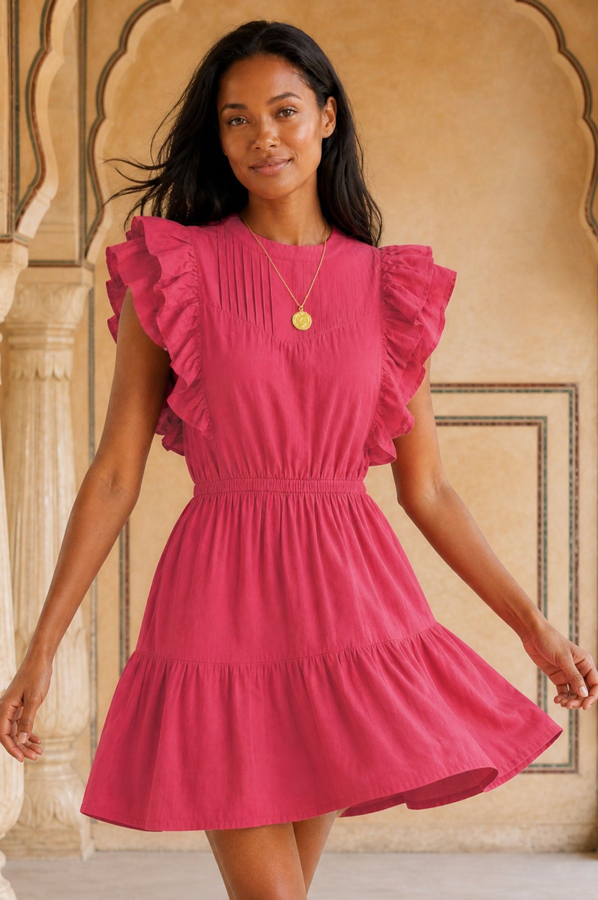 Aspiga Sustainable Womens Rose Frill Mini Dress Summer Holiday Pink