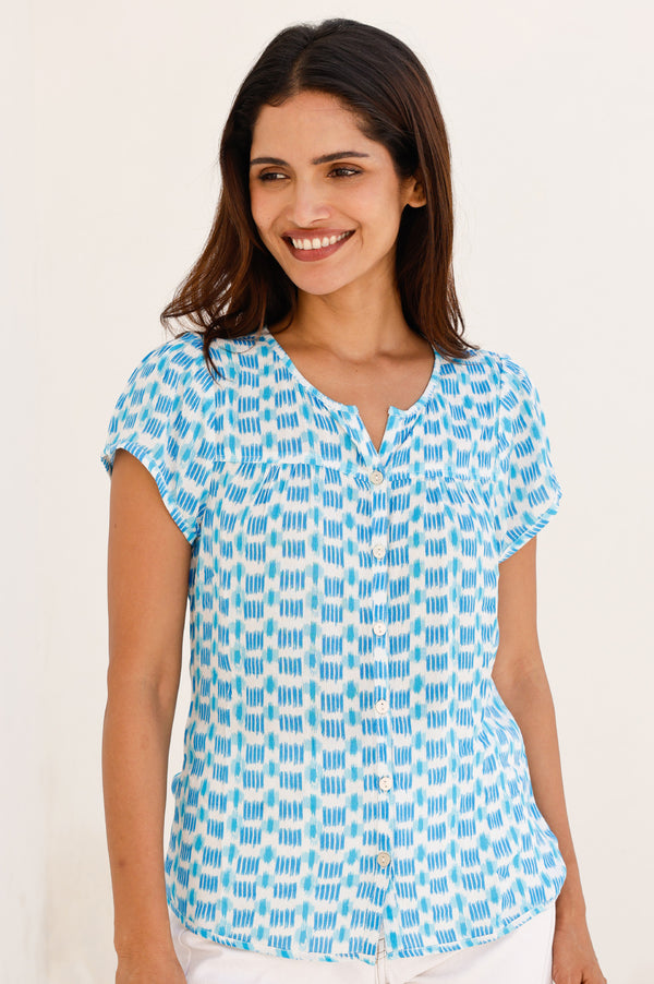 Lisbon Viscose Crinkle Blouse | Ikat White/Turquoise