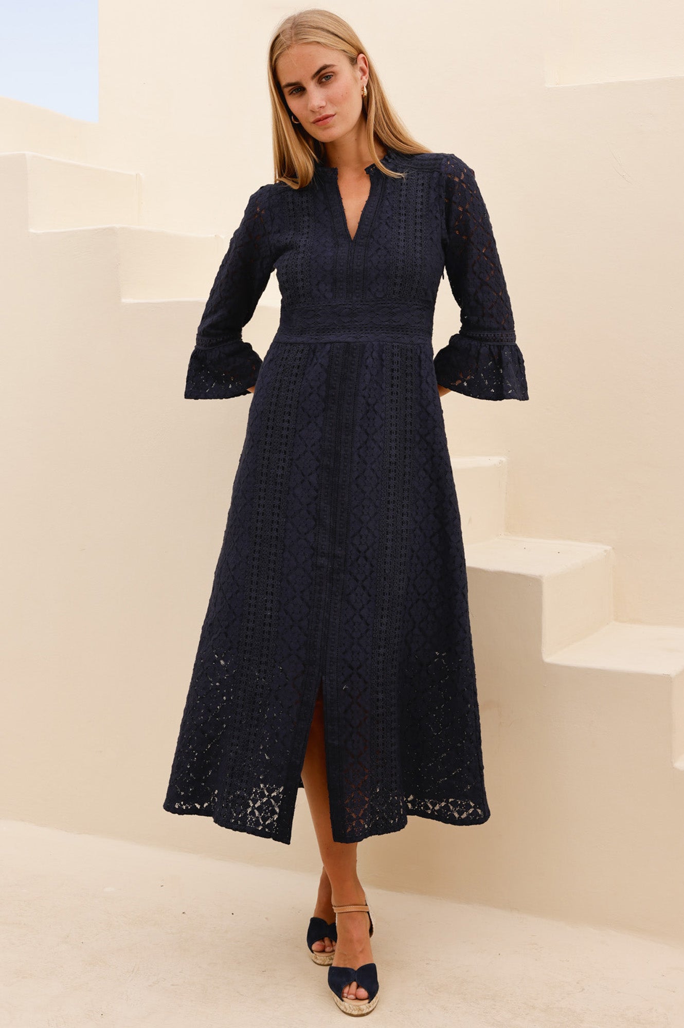 Thea Cotton Blend Lace Dress | Navy - Aspiga